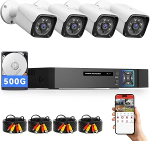 Wired Security Camera System Outdoor, 4CH 5MP Lite AHD DVR with 500G Hard Drive, 4 x 5MP Wired CCTV Camera, Indoor/Outdoor Surveillance DVR Kit with Human Detection, Night Vision