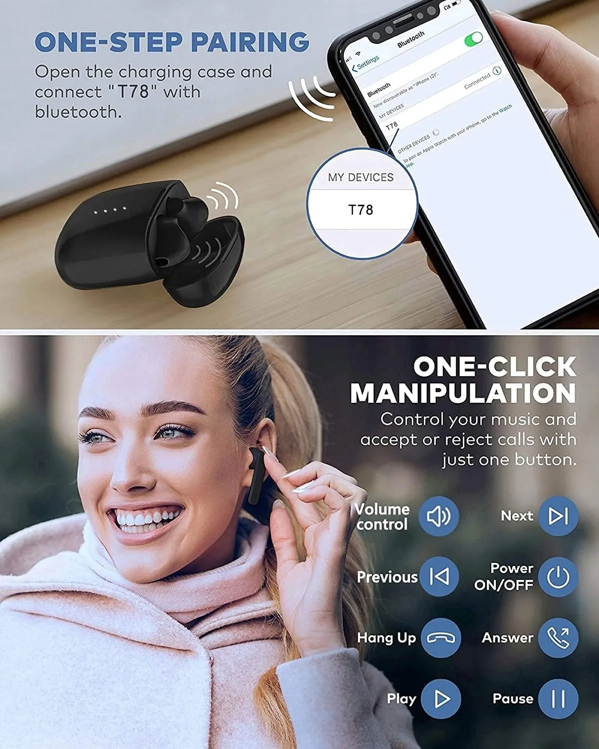 Wireless Earbuds Bluetooth 5.0 Headphones with Charging Case, IPX8 Waterproof, 3D Stereo Air Buds in-Ear Ear Buds Built-in Mic, Open Lid Auto Pairing for Android/Samsung/Apple iPhone (Black)