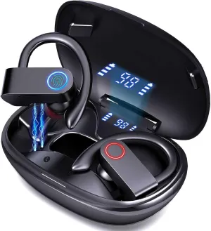 Wireless Earbuds, Bluetooth 5.0 Running Headphones Stereo Deep Bass Sport Earphones Built-in Mic Digital LED Display 30Hrs Playtime Headset with Ear Hooks for Sports Running Gym