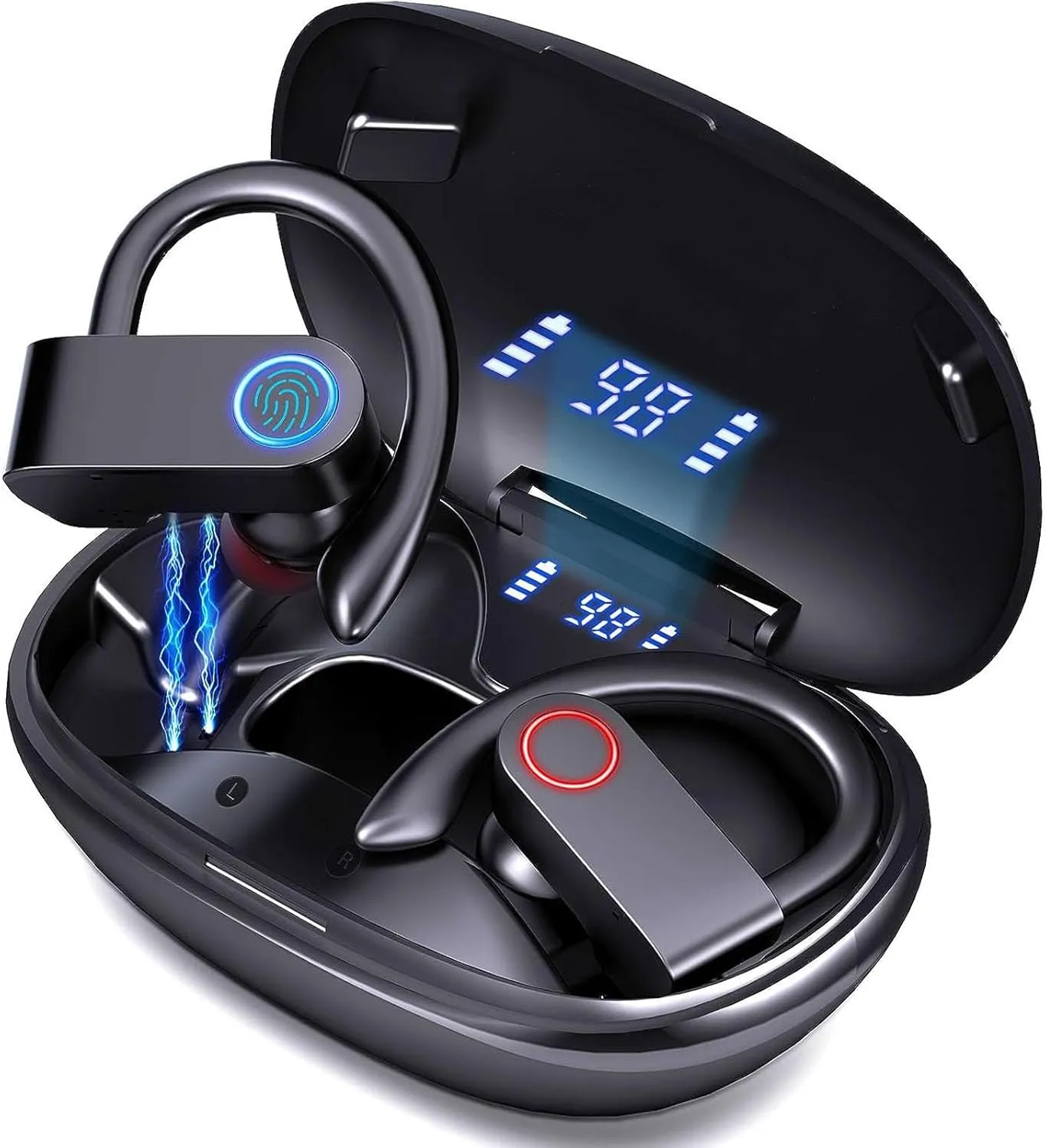 Wireless Earbuds, Bluetooth 5.0 Running Headphones Stereo Deep Bass Sport Earphones Built-in Mic Digital LED Display 30Hrs Playtime Headset with Ear Hooks for Sports Running Gym