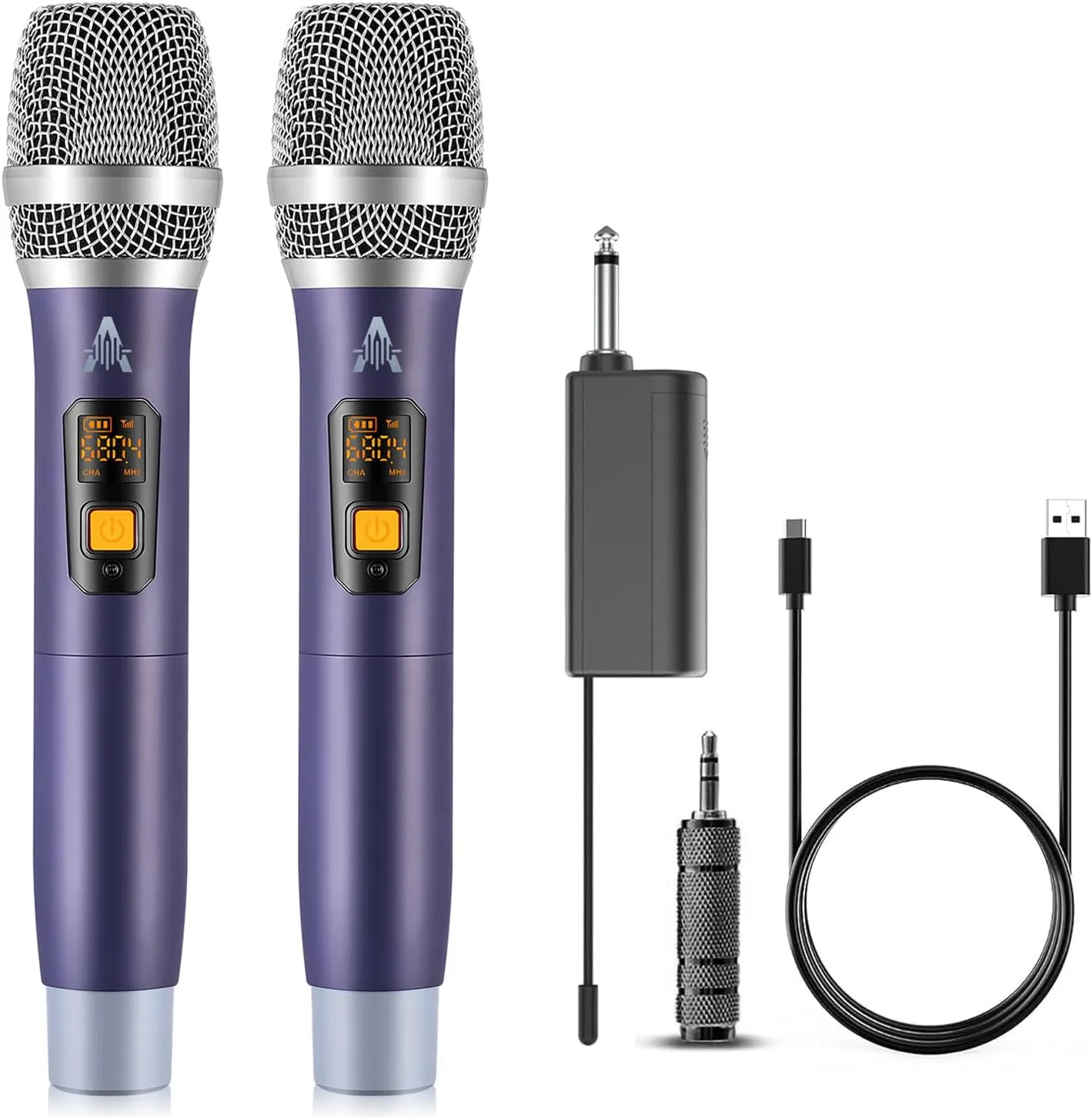 Wireless Microphone, UHF Metal Dual Handheld Cordless Dynamic Mic System with Rechargeable Receiver(40H Duration,200 ft Range) for Singing, Karaoke, Church, Speech, Wedding, Party Singing