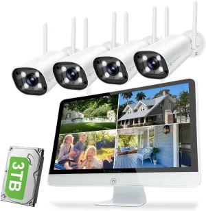 Wireless Security Camera System with 16" IPS Monitor, AI Human Detection, Floodlight,Siren Alarm, 2-Way Audio,4PCS 5MP Camera,Expandable 16CH NVR,Home Business Surveillance,3TB HDD