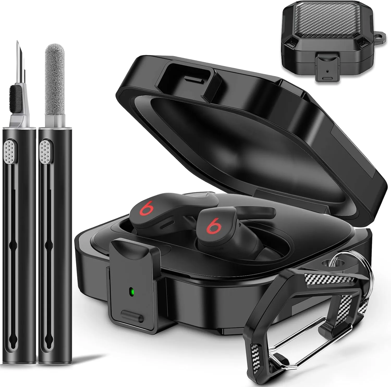 with Safety Lock Carbon Fiber for Beats Fit Pro Case Cover 2021,Shock-Absorbing Beat Fit Pro 2 Protector with Keychain/Zipper Storage Bag/Cleaner Kit - Black