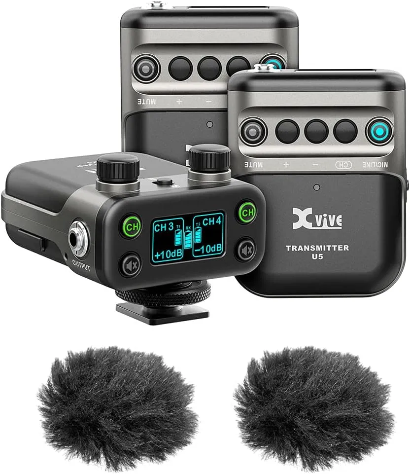 Xvive Audio U5T2 Dual-Channel Wireless Mic for Cameras Digital Omni Lavalier Microphone System 2.4 GHz for DSLR/Video Camera Bundle with 2X Fuzzy Windbuster