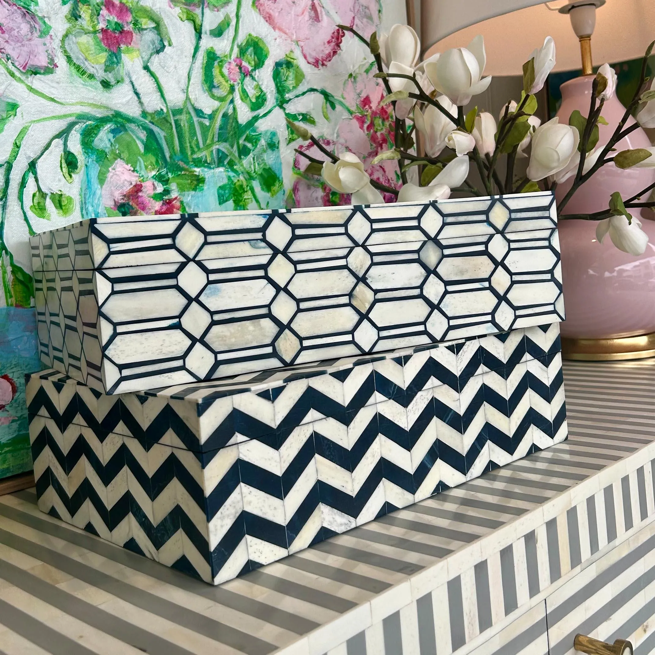 Zig Zag Bone Inlay Box | Navy