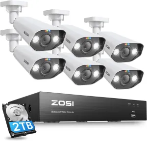 ZOSI 4K Security Camera System,6pcs 4K Outdoor Indoor PoE Cameras,8 Ports 16CH 8MP NVR with 2TB HDD,Person Vehicle Detection,2 Way Audio,Spotlight Siren, Color Night Vision,for Home 24/7 Recording