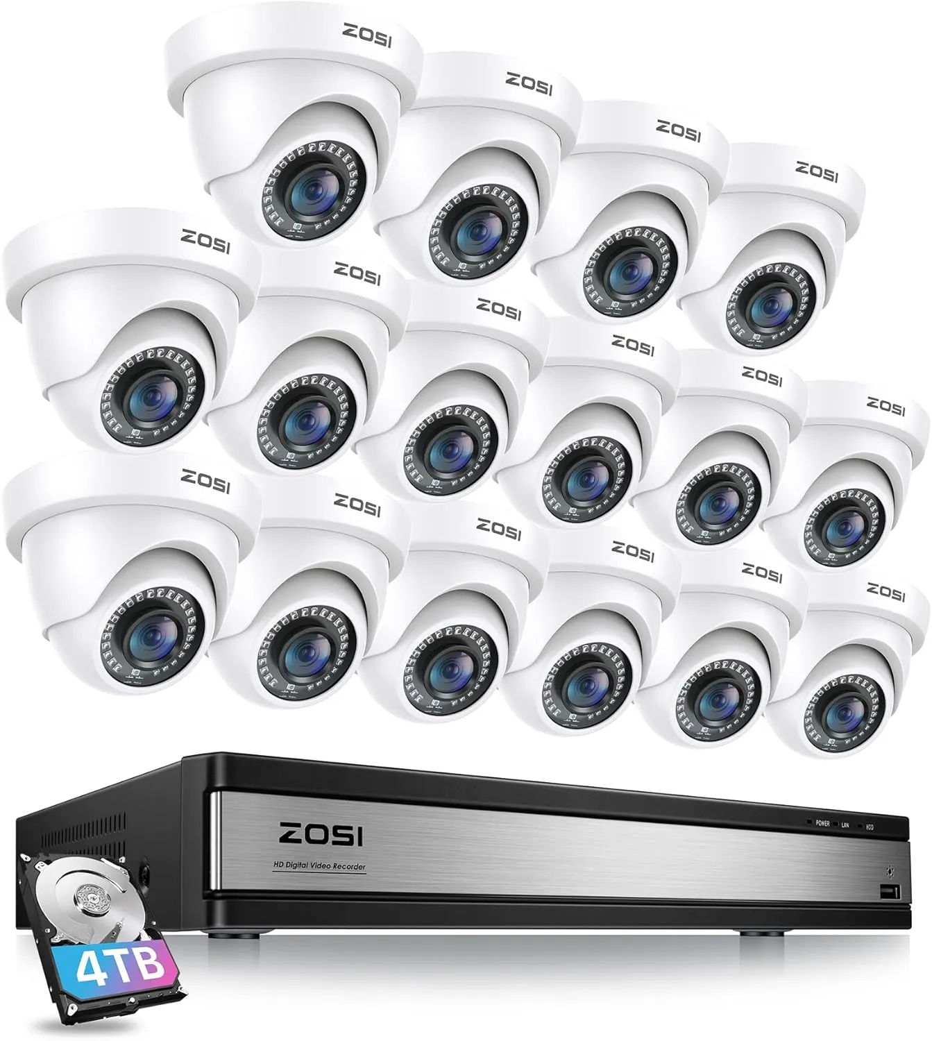 ZOSI H.265  1080p 16 Channel Security Camera System Indoor Outdoor, 16CH CCTV Surveillance DVR with AI Human Vehicle Detection and 16 x 1080p Dome Camera, 80ft Night Vision, 105 View Angle, 4TB HDD