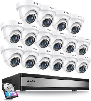ZOSI H.265  1080p 16 Channel Security Camera System Indoor Outdoor, 16CH CCTV Surveillance DVR with AI Human Vehicle Detection and 16 x 1080p Dome Camera, 80ft Night Vision, 105 View Angle, 4TB HDD